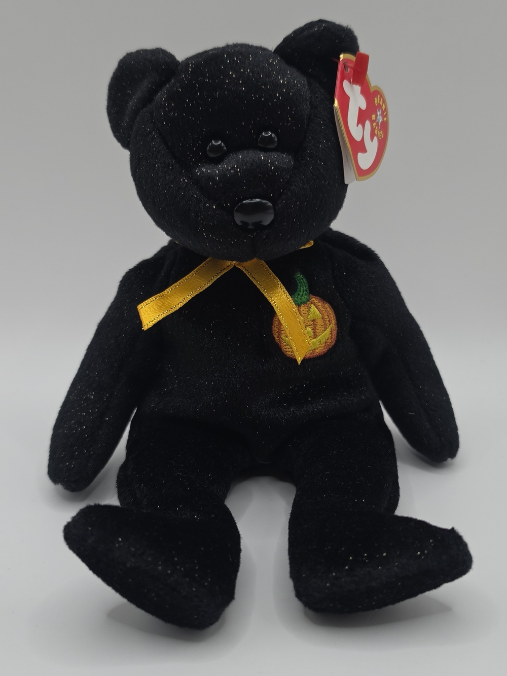 Ty Black Plush Bear with Yellow Ribbon and Orange Pumpkin Patch